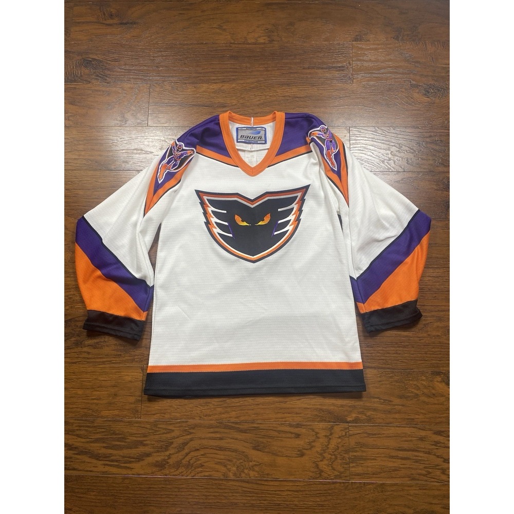 Vintage Bauer Philadelphia Phantoms AHL Hockey Jersey White Purple Orange Mens M